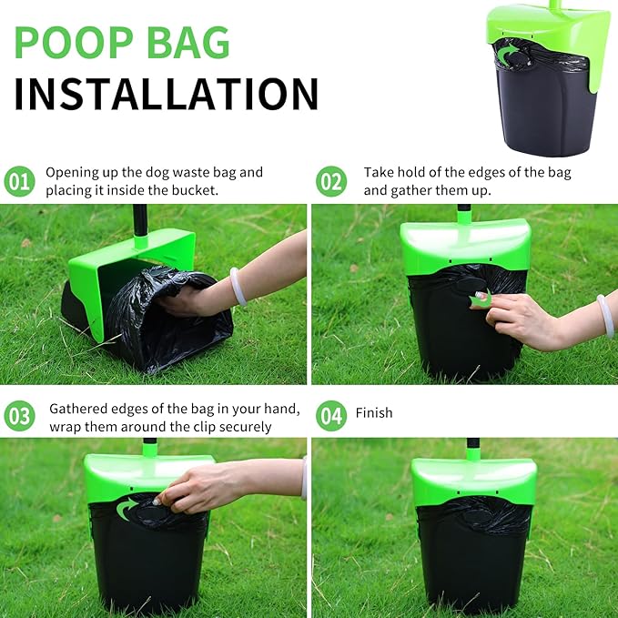 Pooper Scooper Large Swivel Bin & Rake with 160 Waste Bags,Heavy Duty Dog Pooper Scooper with Bag Attachment for Large Small Dogs, Long Handle Poop Scooper with Lid for Yard, Grass, Gravel (Green)