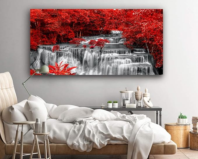 Yxbhhym Large Black and White Decor Waterfall Canvas Wall Art Red Tree Wall Decor Landscape Prints Posters Forest Scenery Paintings for Wall Decoration Bedroom Living Room Décor- Framed Wall Art