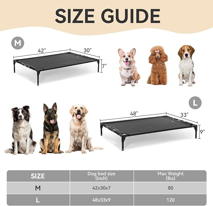 Petsfit Cooling Elevated Raised Dog Bed- Outdoor Pet Cot for Large Dogs, Upgraded Adjustable Firmness Pet Bed,Dog Hammock Bed with Durable Breathable Teslin Mesh,Non Slip, Black 48”
