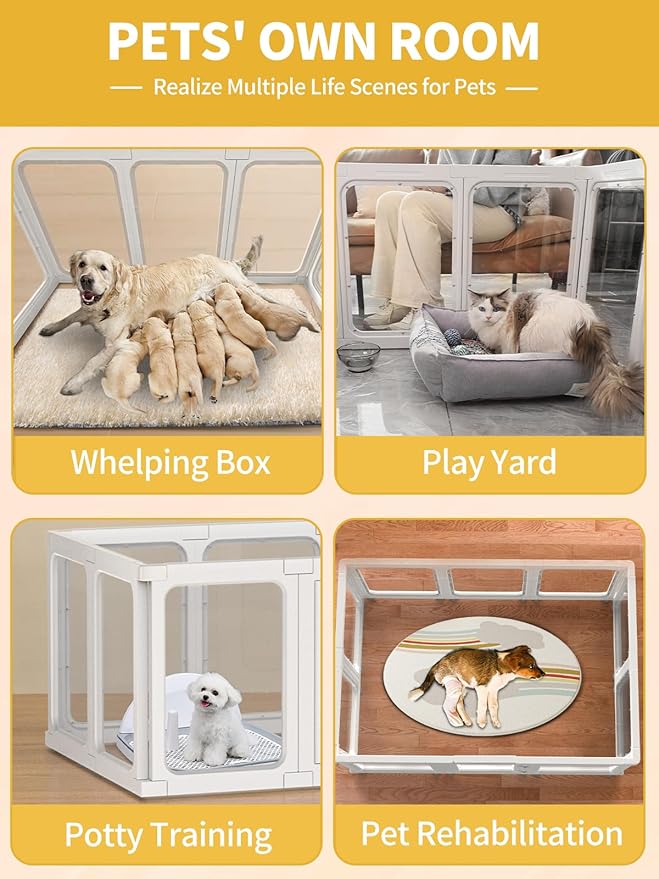 Dog Playpen, Clear Acrylic Plastic Puppy Playpen Indoor, Pet Pen for Puppy Cat Bunny, Transparent Easy Assemble Foldable Whelping Box for Dogs, Puppy Playpen with Gate (23.6" Height, 10PCS)