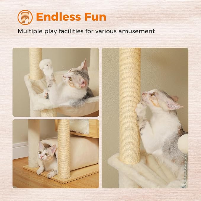 PEQULTI Floor to Ceiling Cat Tree 93.3’’-100.8’’ Height Adjustable Wooden Cat Tower Tall Climbing Play House with Scratching Posts, Cozy Condo, Perches and Large Hammock for Indoor Cats Beige