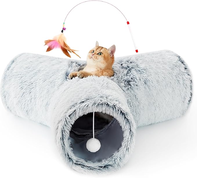 Tempcore Plush Pet Cat Tunnel Tube Cat Toys 3 Way Collapsible, Tunnels for Indoor Cats,Kitty Tunnel Bored Pet Toys Peek Hole Toy Ball Puppy, Kitty, Kitten, Rabbit Light Grey