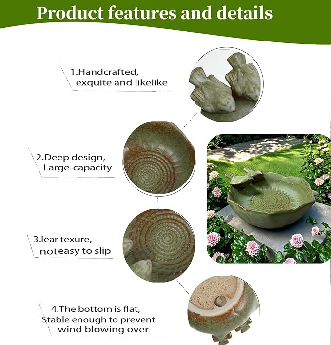 Ceramic Bird Bath for Outdoors,Ground & Tabletop Decor, Ground Feeders Bird Bath Feeding Bowl for Outdoors, Garden Deck, Balcony,Yard, Lawn. (Small birdbath)