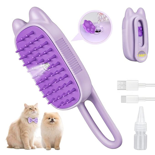 Rechargeable Cat Steam Brush with Mist Spray, 3-in-1 Pet Steam Brush for Long and Short Haired Cats and Small Dogs, Anti-Static, De-Shedding, Detangling, Massage, Purple Cat Design