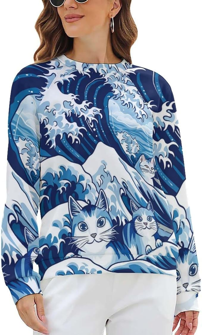 Womens Long Sleeve Tops Y2k Japanese Art Print Sweatshirts Fall Pullover for Women Crewneck Vintage Shirts Boho Tops