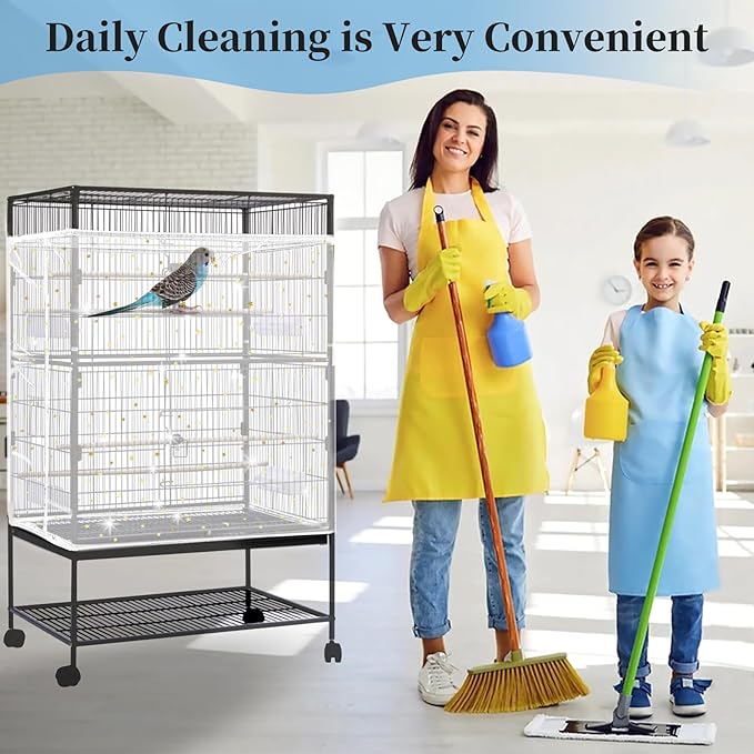 Daoeny Bird Cage Seed Catcher, Large Bird Cage Cover, Adjustable Soft Airy Nylon Mesh Net, Birdcage Cover Skirt Seed Guard for Parrot Parakeet Macaw African Round Square Cages (White, Sequins Star)