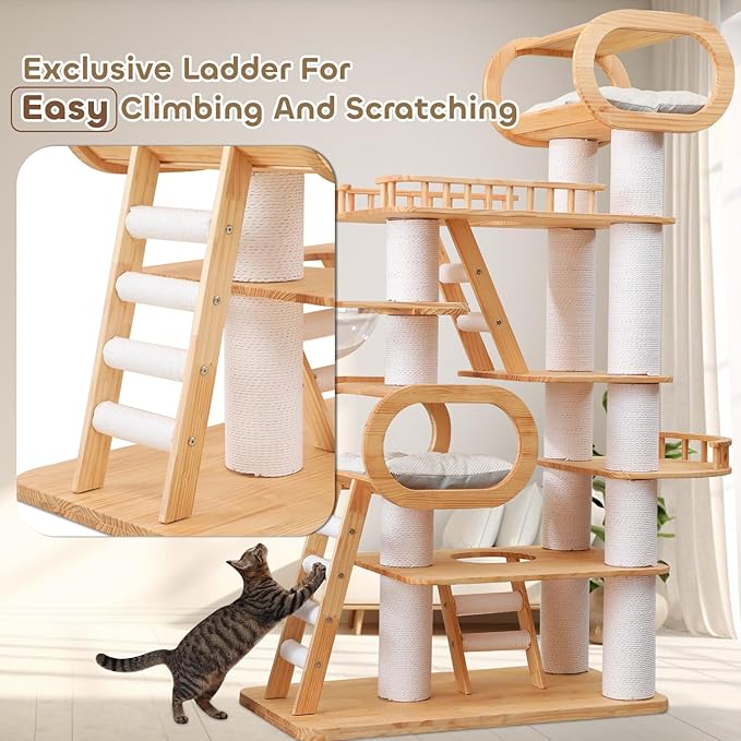 76.8'' Tall Modern Large Cat Tree,Multi-Level Wood Cat Tower for Indoor Cats Large Adults,Luxury Heavy Duty Cat Condo with Cushion,Scratching Posts,Clear Hammock Activity (76.8inch)