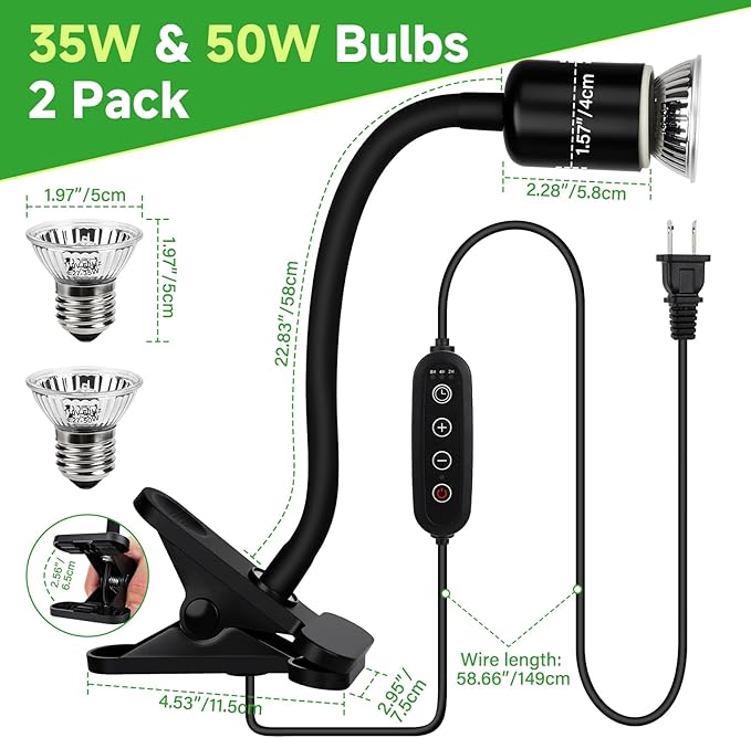 Reptile Heat Lamp Turtle Basking Light Bulbs with Cycle Timer, 360° Rotatable Dimmable Aquarium UVA UVB Reptile Light Bearded Dragon Tank Accessories 2 Pack Heat Bulbs for Turtle Lizard Snake Cage