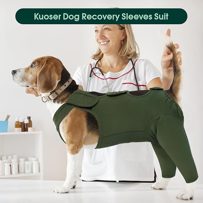 Kuoser Thigh Wound Protective Sleeve for Dogs, Surgery Recovery Suit for Rear Legs, Recovery Sleeve for Female Male Dogs, Onesie After Surgery, Pet Surgical Suit for Spay Neuter, Green S