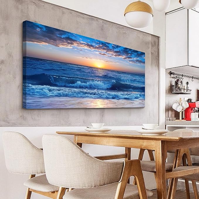 Lapremoly Framed Canvas Wall Art - Large Blue Ocean Beach Wall Painting for Living Room, Bedroom & Office - 24" x 48"