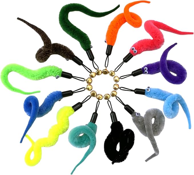 AcceLeah Cat Worm Toy Teaser Wand Replacement, Cat Worms & Dragonfly Refill, Assorted Teaser Refills with Bell (12Pcs)