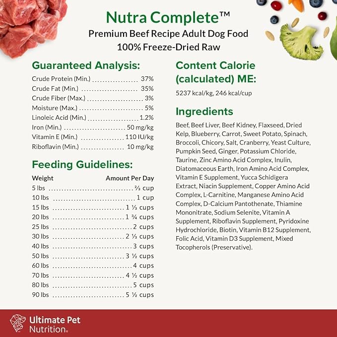 ULTIMATE PET NUTRITION Nutra Complete, 100% Freeze Dried Raw Veterinarian Formulated Dog Food with Antioxidants Prebiotics and Amino Acids (3 Pound (Pack of 4), Beef)