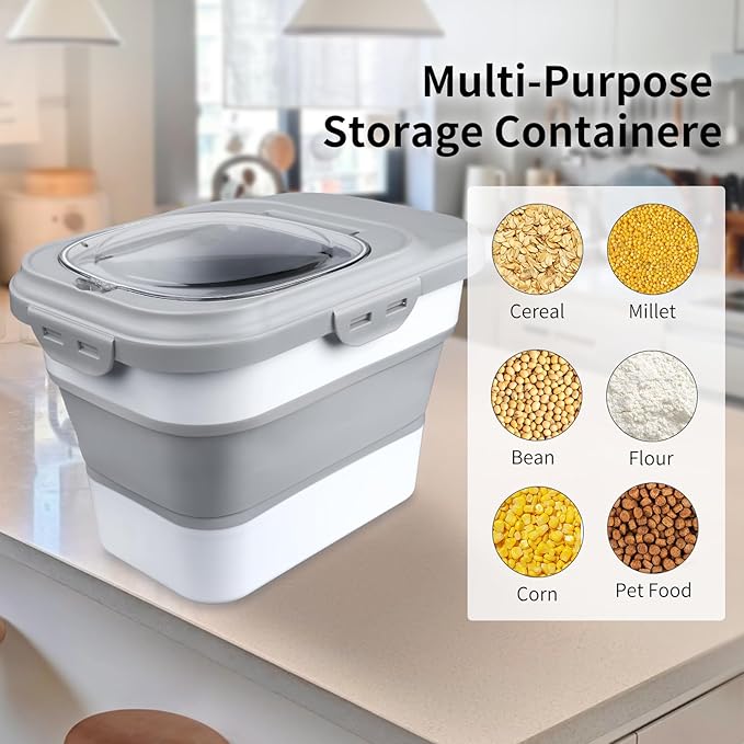 Rice Storage Container, Collapsible Airtight Food Storage Containers 6-20 Lbs, Rice Dispenser with Measuring Cup and Small Bin for Flour Cereal Pasta Grain, Cat Pet Dog Bird Food Container