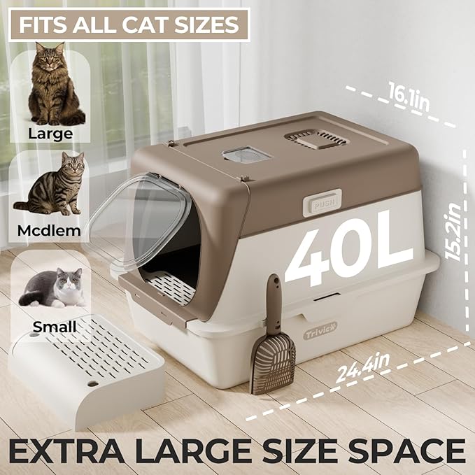 Stainless Steel Cat Litter Box with Lid, XX-Large Extra Large Litter Boxes for Large Cats,Enclosed Removable Metal Kitty Litter Box with High Sided,Magnetic Door,40L Box, Litter Trap Step/Mat