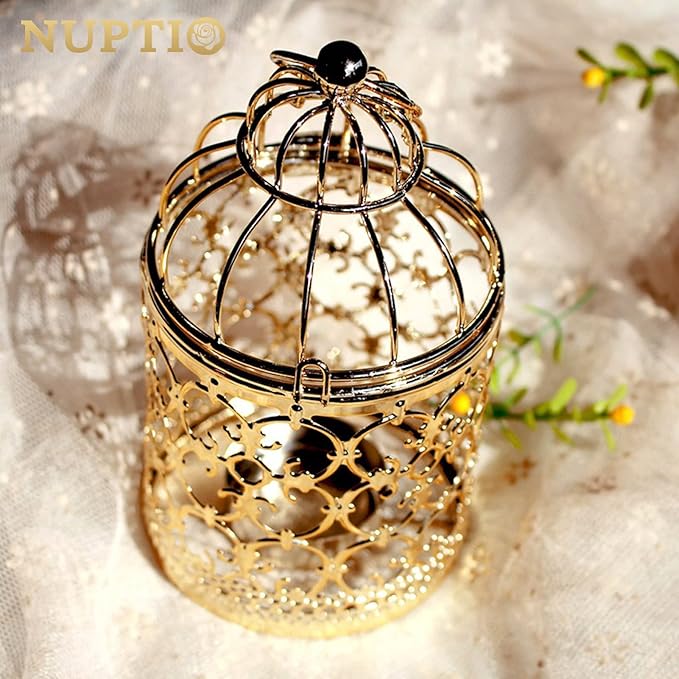 6 Pcs Small Metal Tealight Hanging Birdcage Lantern, Vintage Decorative Centerpieces of Wedding, Party, Gold