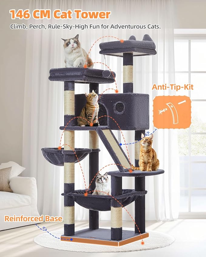 Taoqimiao Cat Tree 57.5-Inch, Cat Tower for Indoor Cats Large Adult, Extra Large Cat Condo, 8 Sisal Scratching Posts, Metal Frame Cozy Hammock, Durable Scratch Board, 2 Top Perches, Smoky Gray MS026G