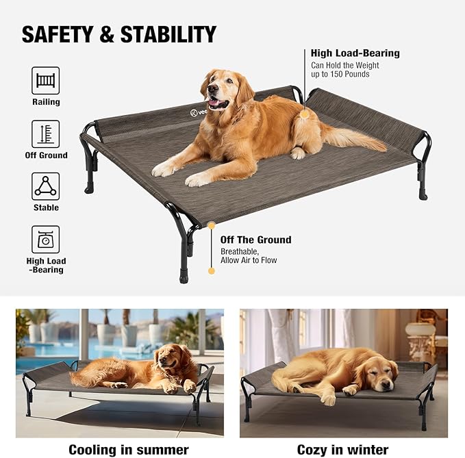 Veehoo Medium Elevated Dog Bed, Guardrail, Non-Slip, Chewproof, Washable & Breathable Teslin Mesh, Brown