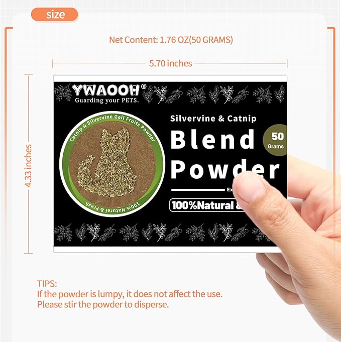 Catnip & Silvervine Powder β 50g Blend of Silvervine Gall Fruit & Catnip, Non-Addictive, for All Cat Ages, Multi-Use with Toys, Scratchers & Protecting Furniture, with 5 Little Pouches