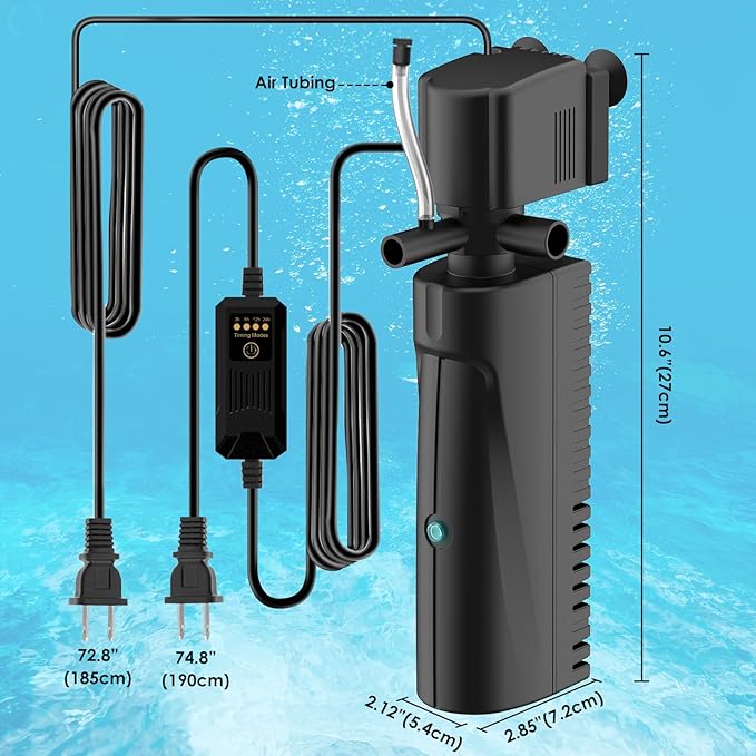 Aquarium U-V Filter for Green Water, Fish Tank Filter with Timer U-V Light, Turtle Tank Filter, Internal Filter with Dual Water Outlet & Aeration, for 40-70 Gallon Tank