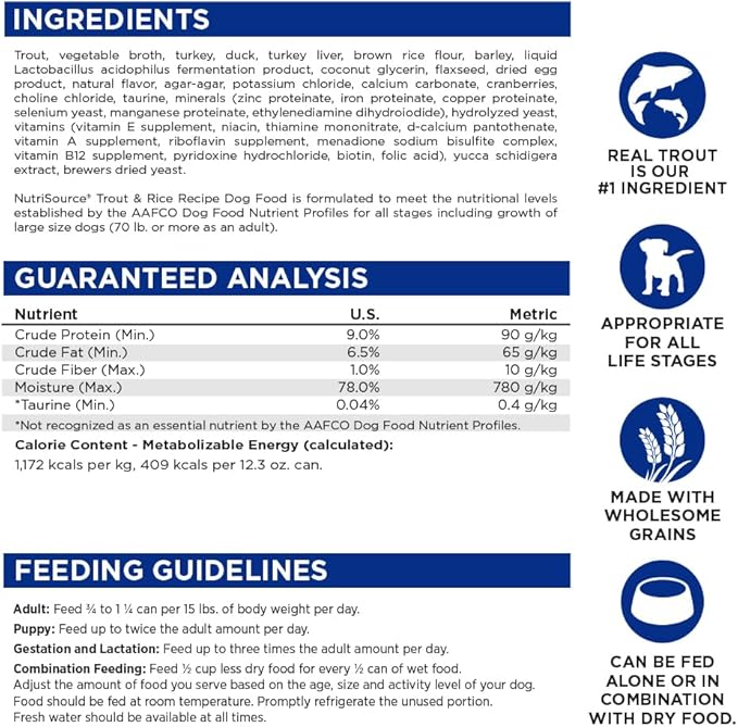 NutriSource Trout & Rice Recipe Dog Food, Premium Wet Dog Food, 12.3 Ounce (Pack of 12)