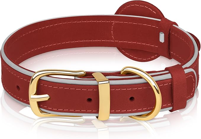 OOPSDOGGY Reflective Geniune Leather Airtag Dog Collar Soft Padded Collars for Small Medium Large Breed Dogs Puppy, 4 Sizes, 7 Colors (Red, Medium, 12"-15")