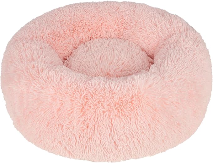 Best Pet Supplies Round Donut Dog Bed with Plush Faux Fur Fabric, Calming, Anti-Anxiety Cushion for Indoor Pets, Slip-Resistant Base, Soft Ergonomic Support - Pink, 20x20x6''