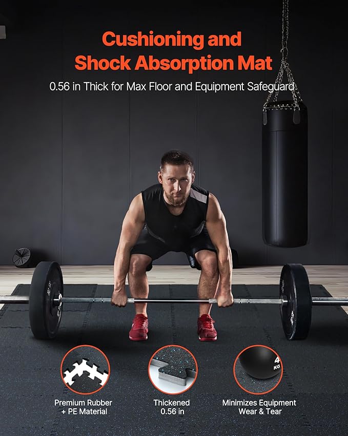VEVOR 0.56 Inch Thick Gym Floor Tiles, 6 Tiles Rubber Top with EVA Foam, 25" x 25" Gym Flooring Workout Mats with 25 sq.ft Coverage, Interlocking Puzzle Gym Mats for Gym, Home, Garage, Black & Blue