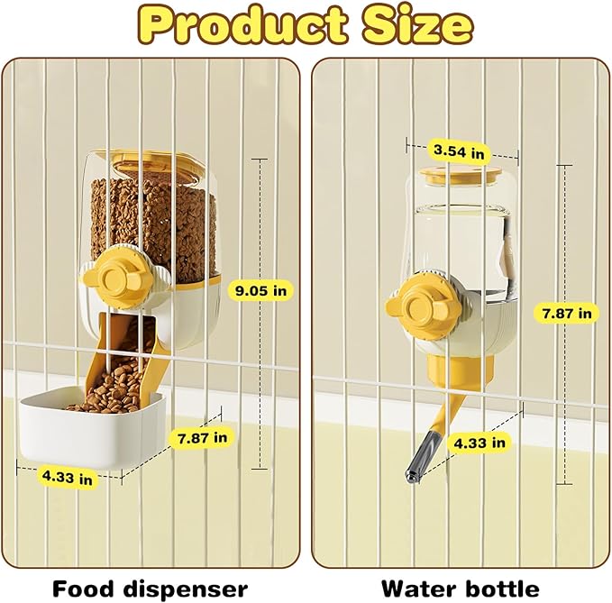 kathson Automatic Rabbit Feeder and Waterer Set, Gravity Pet Food Water Dispenser Bunny Pellet Feeder Small Animal Feeding & Watering Supplies for Guinea Pig Ferret Crate Accessories (Yellow)