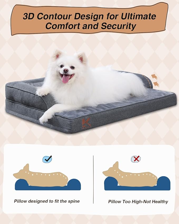 KSIIA Orthopedic Dog Bed for Medium Size Dog,Washable Pet Sofa with U-Shaped Bolster Removable Waterproof Cover Non-Slip Bottom and Egg-Crate Orthopedic Foam Pet Couch Bed, 35 x 22 Inch, Dark Gray