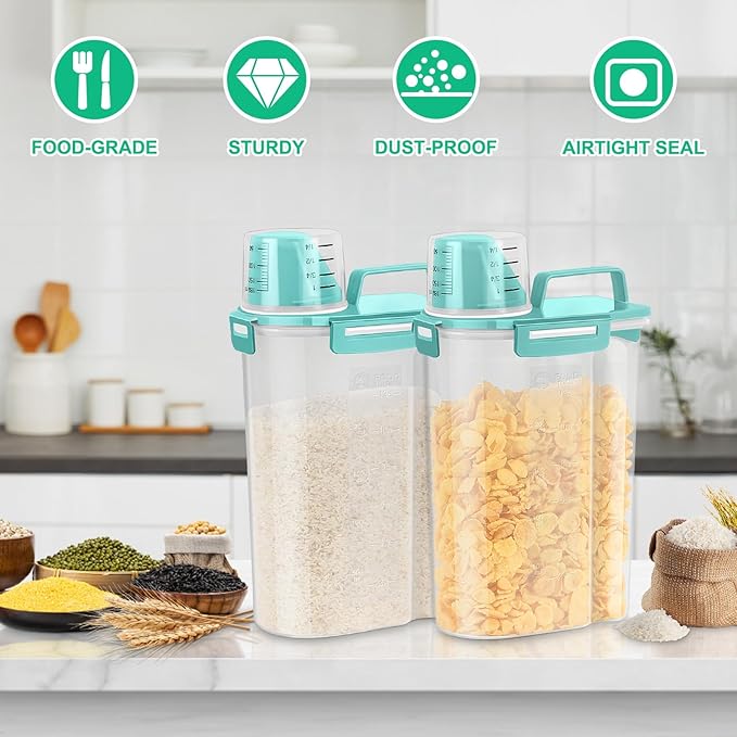 TBMax Rice Storage Container 3 to 5 Lbs - Small Pet Dog Cat Food Container Dispenser with Easy Pouring Spout & Cup, Portable Cereal Container for Small Spaces, Travel, or Daily Use -Cyan