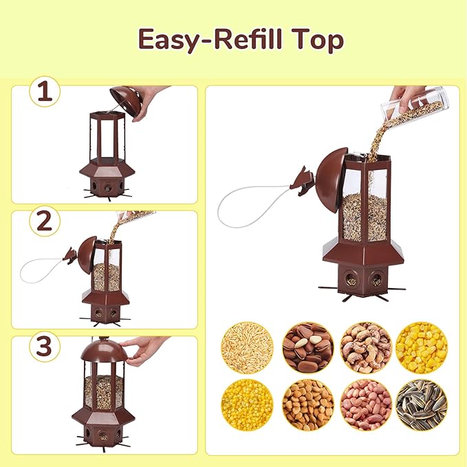 Professional Squirrel Proof Bird Feeders - Sorflife Large Capacity 5.06 lbs, Reliable and Rust Resistant Metal Bird Feeding Station for Prevents Squirrels from Stealing Food and Easy Refilling Brown