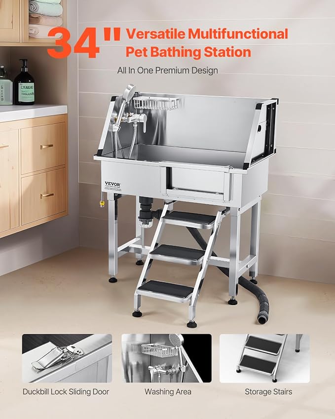VEVOR Stainless Steel Dog Washing Station, 34 inch Pet Grooming Tub w/Storage Stairs, Faucet & Showerhead & Soap Holder Dog Bathtub, Pet Wash Station for Small Pets (Right Door)