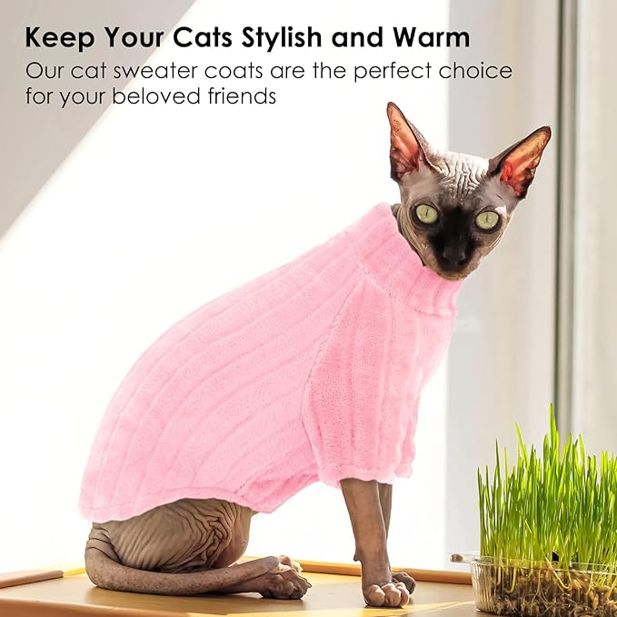 SUNFURA Sweaters for Cats, Hairless Sphynx Sweater Kitten Pullover with Sleeves, Warm and Soft Cat Pajamas Fleece Sweatshirt Jumpsuit, Turtleneck Clothes for Fall Winter, Pink S