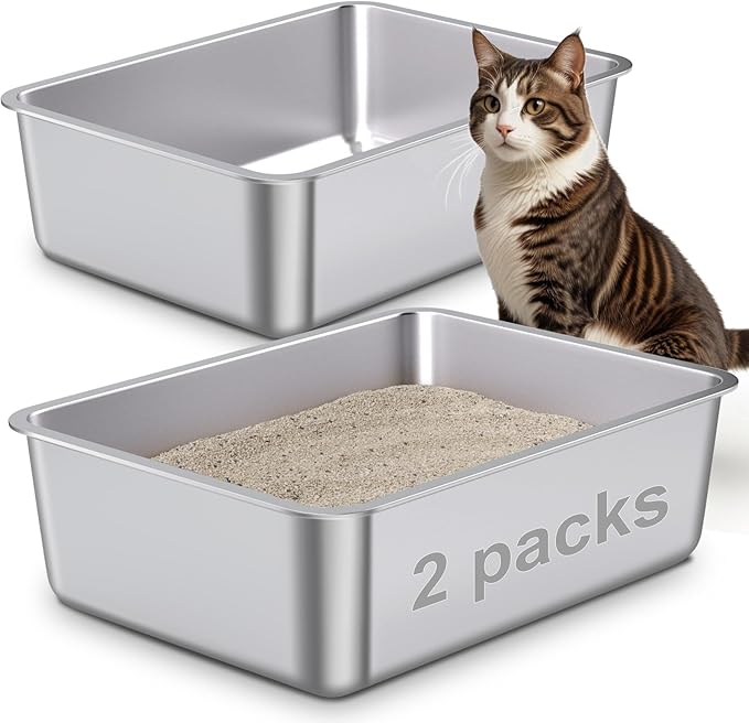 Stainless Steel Litter Box 2 Pack,Metal Litter Box for Cat Easy to Clean,Medium Cat LitterBox for Cats/Kitty/Rabbit,Metal Cat Toilet for Kitten,Non Stick, No Smell,17.7" L x 13.8" W x 6" H