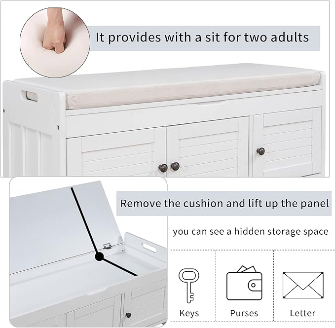 Storage Bench with 3 Shutter-Shaped Doors, Pine Wood Shoe Bench with Removable Cushion and Hidden Storage Space for Living Room, Entryway 43.5" L x 16" W x 18" H (White)