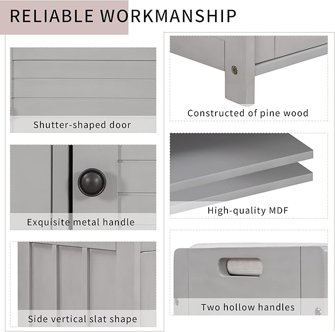 Storage Bench with 3 Shutter-Shaped Doors, Wood Shoe Bench with Removable Cushion and Hidden Storage Space for Entryway, Living Room, Hallway 43.5" L*16" W*18" H (Gray Wash Pine)