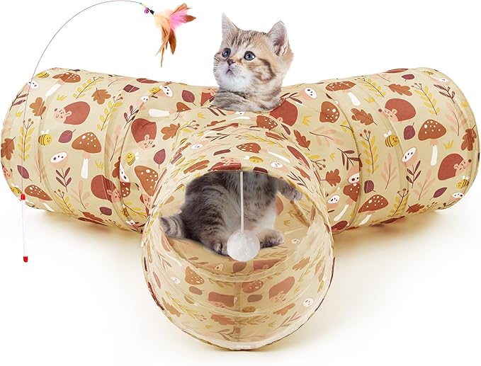 Tempcore Pet Cat Tunnel Tube Cat Toys 3 Way Collapsible, Cat Tunnels for Indoor Cats,Kitty Tunnel Bored Pet Toys Peek Hole Toy Ball Puppy, Kitty, Kitten, Rabbit Khaki Hedgehog