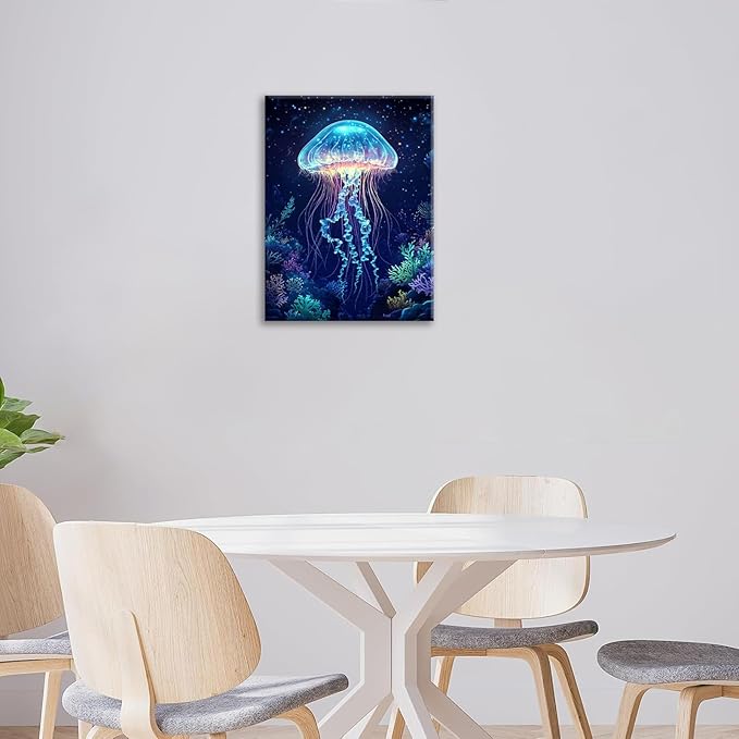 Ocean Jellyfish Wall Art Canvas Coral Fish Wall Decor Prints Framed Painting Underwater Pictures Gifts Artwork for Bathroom Living Dining 16"x20"