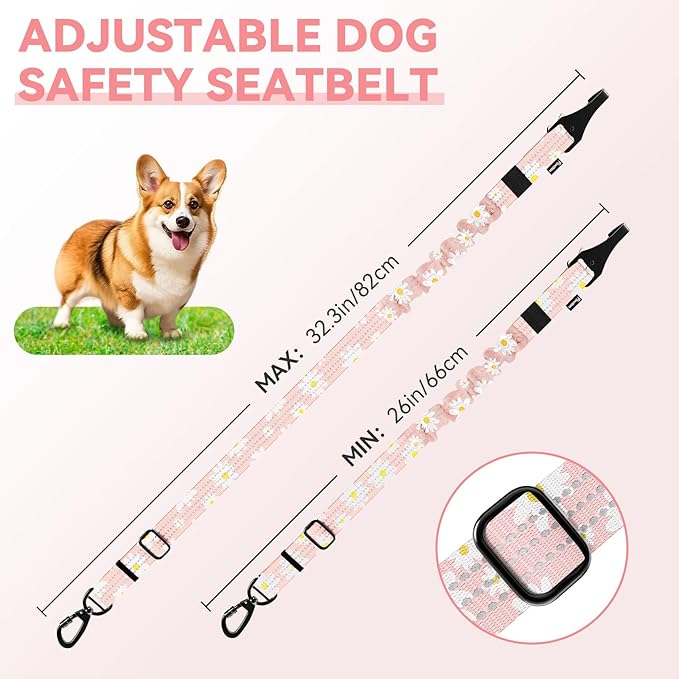 Pawaboo 2Pack Dog Seatbelt for Car, 3-in-1 Dog Car Seat Belt Bungee, Dogs Tether for Cars with Buckle & Hook Latch, Adjustable Reflective Dogs Cars Harness Leash with 360° Lockable Buckle, Light Pink
