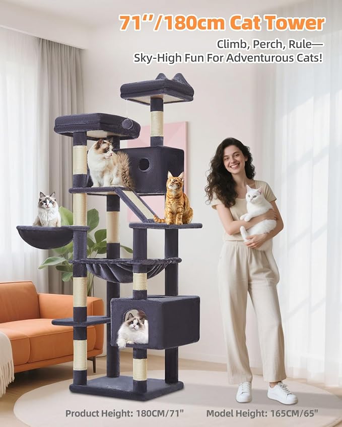 Taoqimiao Cat Tree 71-Inch, Cat Tower for Indoor Cats Large Adult, Multi-Level Large Cat Condo, 8 Sisal Scratching Posts, Metal Frame Cozy Hammock, Scratch Board, 2 Top Perches, Smoky Gray MS026LG