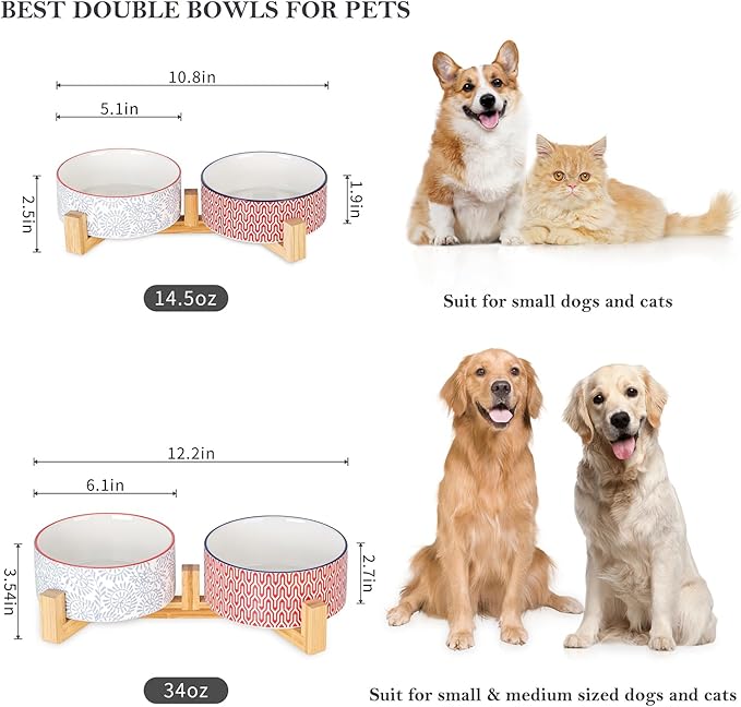 Selamica Ceramic 14 oz Dog Bowls - Anti-Slip Pet Dishes Set with Wooden Stand for Cats & Small Dogs, Weighted, Assorted Colors, Food & Water Dishes