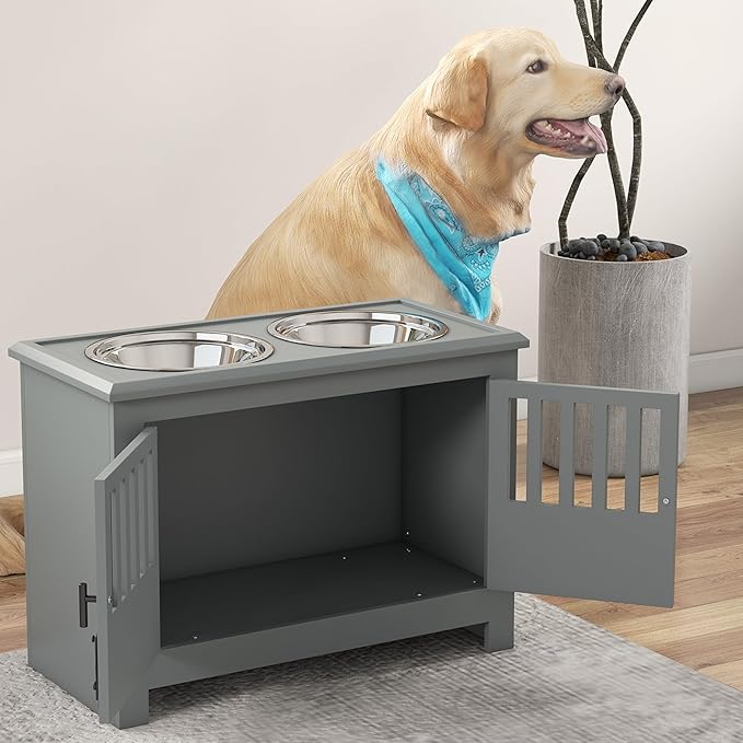 PawHut Large Elevated Dog Bowls with Storage Cabinet - 37L Capacity, Raised Dog Bowl Stand Feeding Station, Gray
