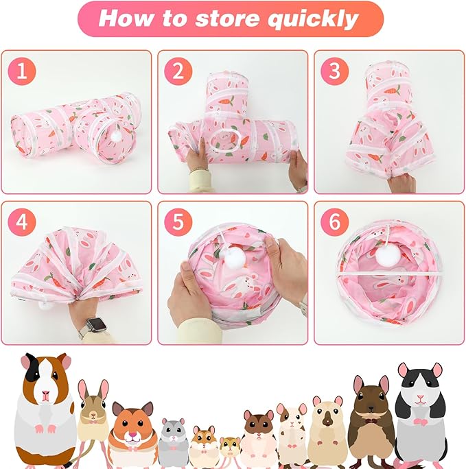 Rypet Guinea Pig Tunnel 3 Way Collapsible Small Pet Tunnels and Tubes with Interactive Ball for Baby Rabbit Ferret Hamster Chinchilla Hedgehog Hiding and Resting-Pink