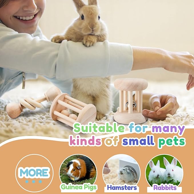 3 Pcs Wooden Bunny Toys - Safe Rabbit & Guinea Pigs Teeth Grinding Toys for Chinchillas, Hamsters & Small Animals - Indoor & Outdoor