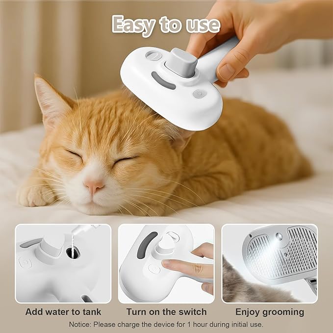 3-in-1 Pet Steam Brush with Self-Cleaning & Cool Mist – Portable Grooming Tool for Cats & Dogs, Long-Lasting Shedding Control & Detangling, Refillable Water Tank & Fast Charging