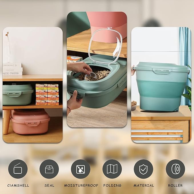 Cereal Rice Food Storage Containers, Collapsible 20 to 50 Lbs Dispenser Bin with Rolling Wheel Airtight Locking Lid, Dog Pet Cat Flour Sugar Plastic Leakproof Sealable Large Kitchen Pantry Holder