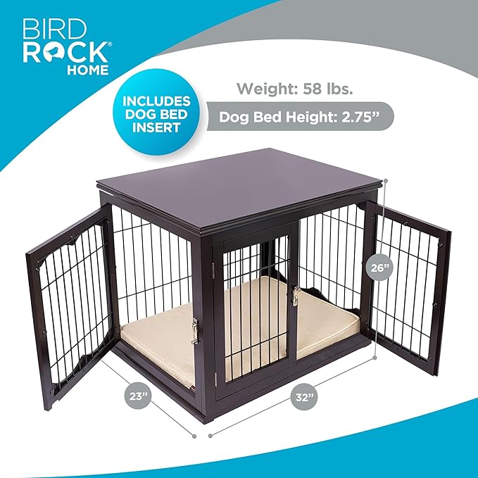 INTERNET'S BEST Decorative Dog Kennel with Pet Bed, Small Pet House, Double Door Indoor Crate, Engineered Wood & Wire Furniture, Side Table & Nightstand, Fits Small Dogs - Espresso