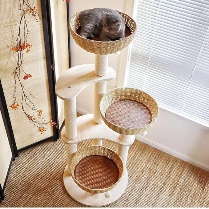 Modern Wood Rattan Cat Tree for Large Cats, Luxury Multi-Level Oak Solid Wood Cat Trees Towers,w/3 Weaving Cat Nests & Washable Cushions, Sisal Scratching Posts, for Indoor Large Cats-No paint/wax oil