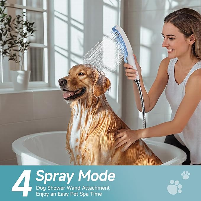 SR SUN RISE Dog Shower Attachment with 4 Adjustable Spray Modes, Pet Shower Attachment Hose for Easy Installation, Dog Shower for Bathing and Grooming, Indoor/Outdoor Use, 6.5-Foot Hose, Blue/White