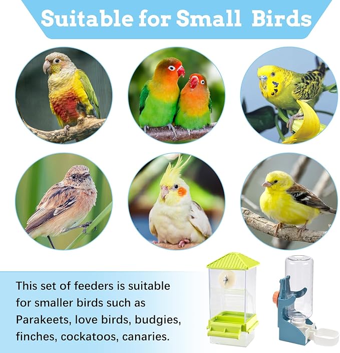 Hamiledyi No Mess Bird Feeders Water Dispenser Set Parakeet Seed Container Automatic Cage Feeder with Perch Transparent Cage Accessories for Budgies, Parakeets, Canaries, Lovebirds, Finches